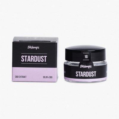 Frasco e caixa do produto Stardust CBD Extrakt em preto e lilás