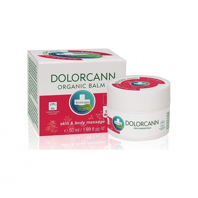Embalagem e frasco do bálsamo orgânico DOLORCANN, cor branca e rosa, 50 ml