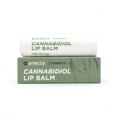 Bálsamo labial Cannabidiol enecta, embalagem branca, caixa verde com folha estilizada.