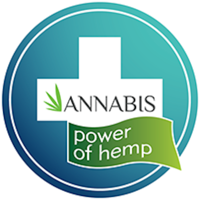 Logótipo redondo azul e branco com texto ANNABIS e power of hemp