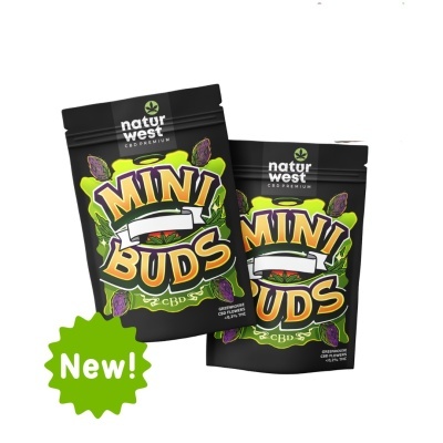 Embalagens pretas Natur West Mini Buds com texto colorido e selo 'New!'