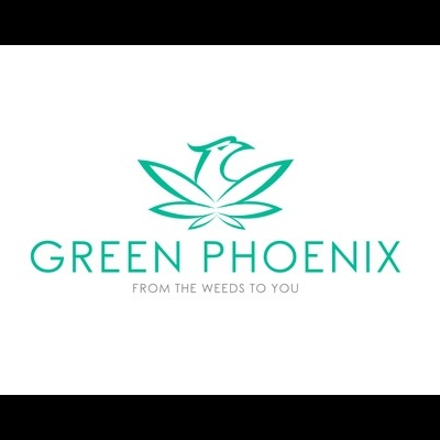 Logótipo GREEN PHOENIX com ilustração verde de fénix e folhas, texto frases 'FROM THE WEEDS TO YOU'