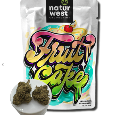 Embalagem CBD Fruit Cake com buds de cannabis em recipiente branco