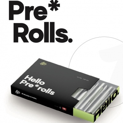  embalagem preta Hello Pre*rolls com cigarros pré-rolados visíveis e detalhes verdes