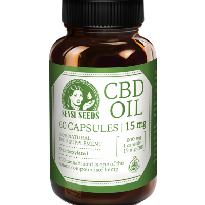 Frasco de comprimidos de CBD com rótulo verde e branco