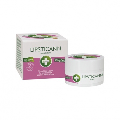 Bálsamo labial Lipsticann com embalagem branca e roxa e texto em alemão e inglês