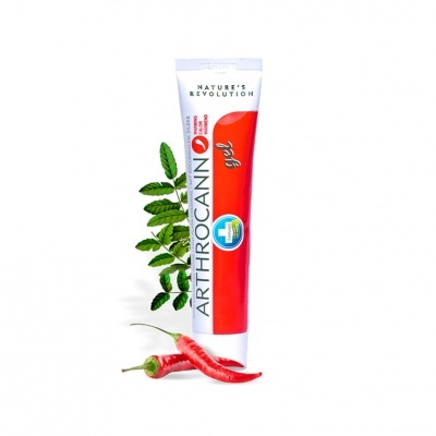 Tubo de gel Arthrocann com folhas verdes e pimento vermelho