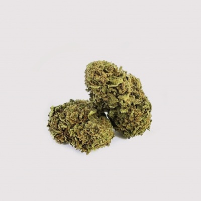 Três cabeças de flor de cannabis com texto Gintonic e assinatura Life num fundo branco