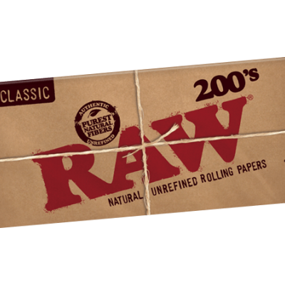 Embalagem de papel RAW Classic 200's Kingsize Slim em papel castanho claro com texto vermelho e castanho escuro