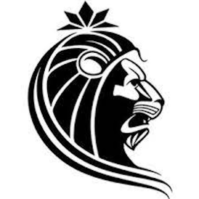 Desenho estilizado a preto e branco da cabeça de um leão com coroa