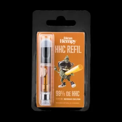 Recarga de cartucho Bless Hempy HHC REFL 99% DE HHC 1 ml Mango Skunk embalagem preta laranja personagem animado