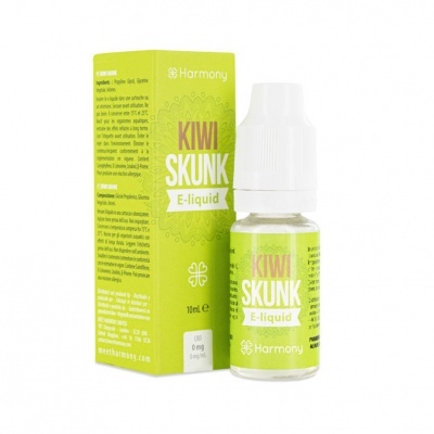Frasco e caixa verde limão de e-liquid Kiwi Skunk Harmony