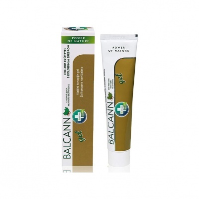Tubo de gel e embalagem BALCANN com texto POWER OF NATURE em fundo branco e bege