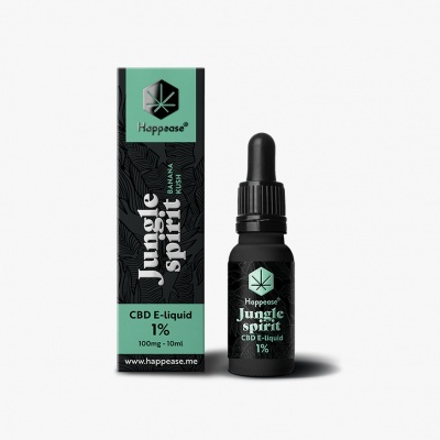 Frasco e embalagem do produto CBD E-liquid Jungle Spirit 1%, preto e verde.
