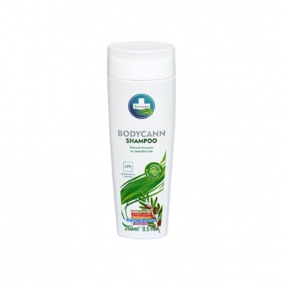 Frasco branco de shampoo Bodycann com rótulo verde e azul