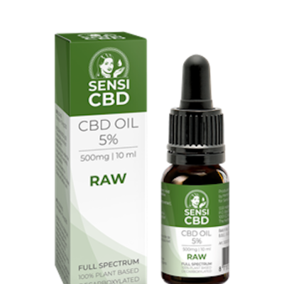 Frasco e caixa de óleo CBD Sensi CBD 5% RAW 500mg 10ml