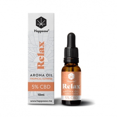 Óleo aromático Happease Relax 5% CBD embalagem branca e frasco âmbar com conta-gotas