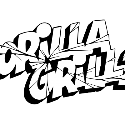 Logotipo GORILLA GRILLZ em texto branco com efeito vidro partido em fundo preto