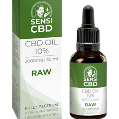 Frasco e caixa de óleo CBD SENSI CBD 10% RAW de 30ml verde e branco