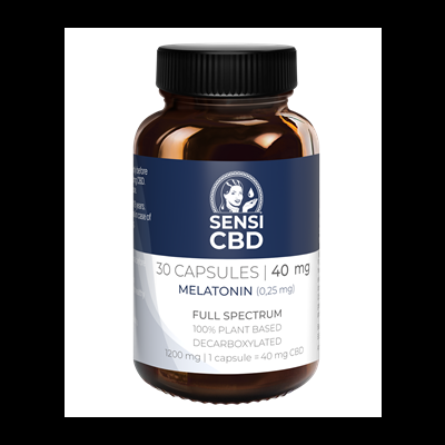 Frasco de cápsulas SENSI CBD com rótulo azul e branco