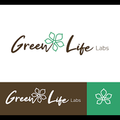 Logótipo Green Life Labs em diferentes variações de cor com ícone de flor estilizada