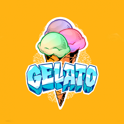 Desenho de gelado colorido com texto GELATO em fundo laranja