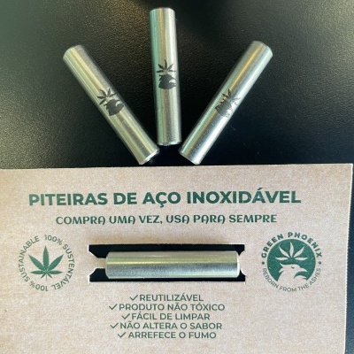 Piteiras de aço inoxidável em cartão promocional com texto em português e logótipos verdes
