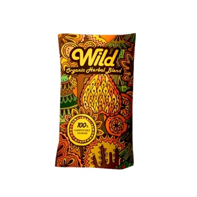 Pacote colorido com design floral e texto Wild Organic Herbal Blend