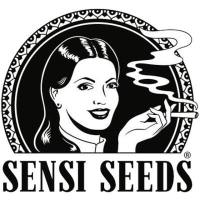 Logótipo preto e branco de mulher a segurar cigarro com fumo e texto SENSI SEEDS