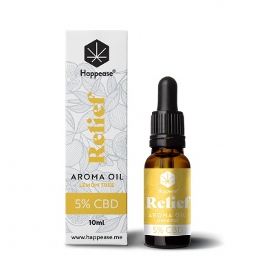 Frasco de óleo aromático Relief 5% CBD e caixa da marca Happease com design em amarelo e branco