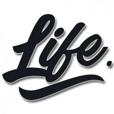 Palavra 'Life.' em letra cursiva preta num fundo branco