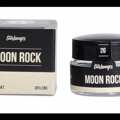 Extrato CBD MOON ROCK em embalagem preta e bege com frasco de vidro e tampa preta