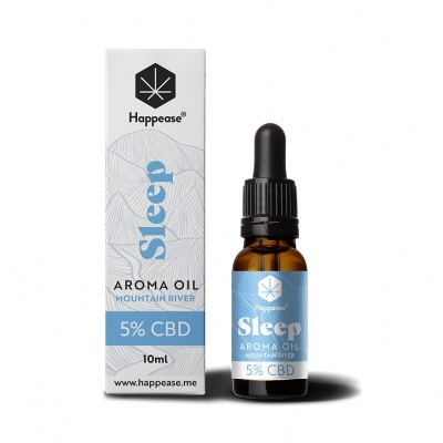 Frasco de óleo aromático Happease Sleep com embalagem branca e rótulo azul