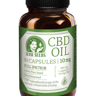 Frasco de óleo de CBD Sensi Seeds com rótulo verde e branco