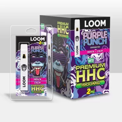 Vape pen branco com embalagem e caixa roxa com gorila e texto