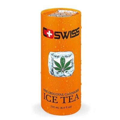 Lata laranja de chá gelado de cannabis com marca Swiss e imagem de cubo de gelo com folha de cannabis