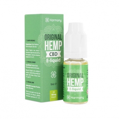 Frasco e embalagem verde claro de e-líquido CBD Original Hemp da Harmony.