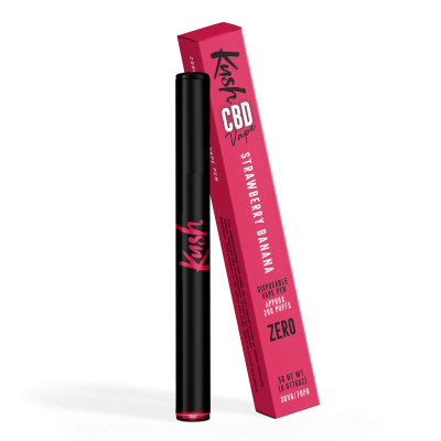 Dispositivo de vape descartável preto com embalagem cor-de-rosa e texto relacionado ao produto.