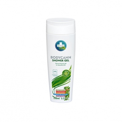 Frasco branco de gel de banho Bodycann com folhas verdes