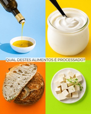 Quatro alimentos diferentes em fundo colorido, com texto central em português.