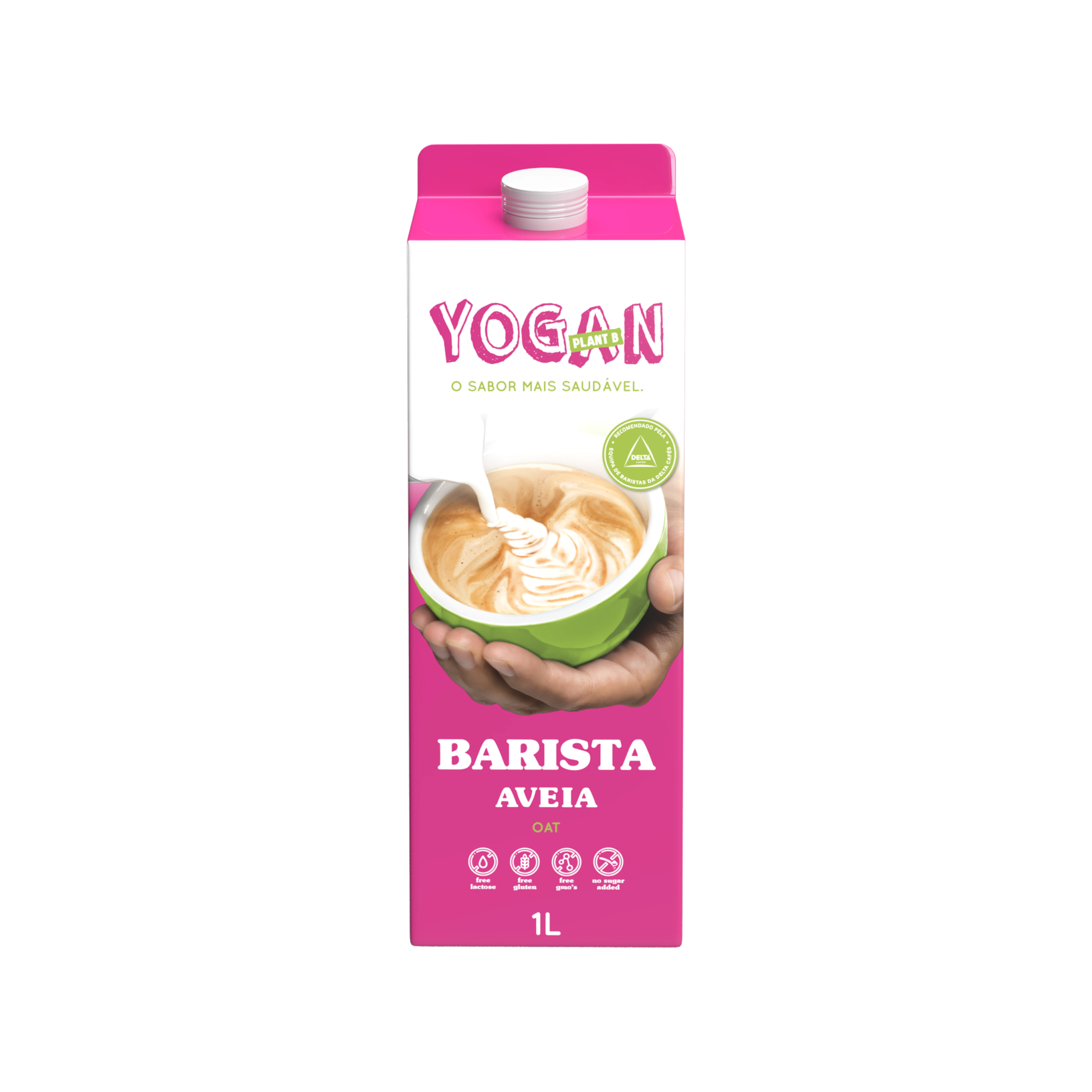 MohaM!lk Ali Aveia Barista 1L Embalagem rosa e branca de bebida vegetal de aveia para baristas com texto e ícones