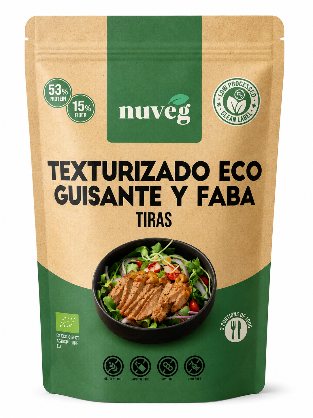 Tiras Proteína Ervilha y Faba Embalagem de produto alimentar texturizado eco em saco castanho e verde com texto e imagem de salada com tiras