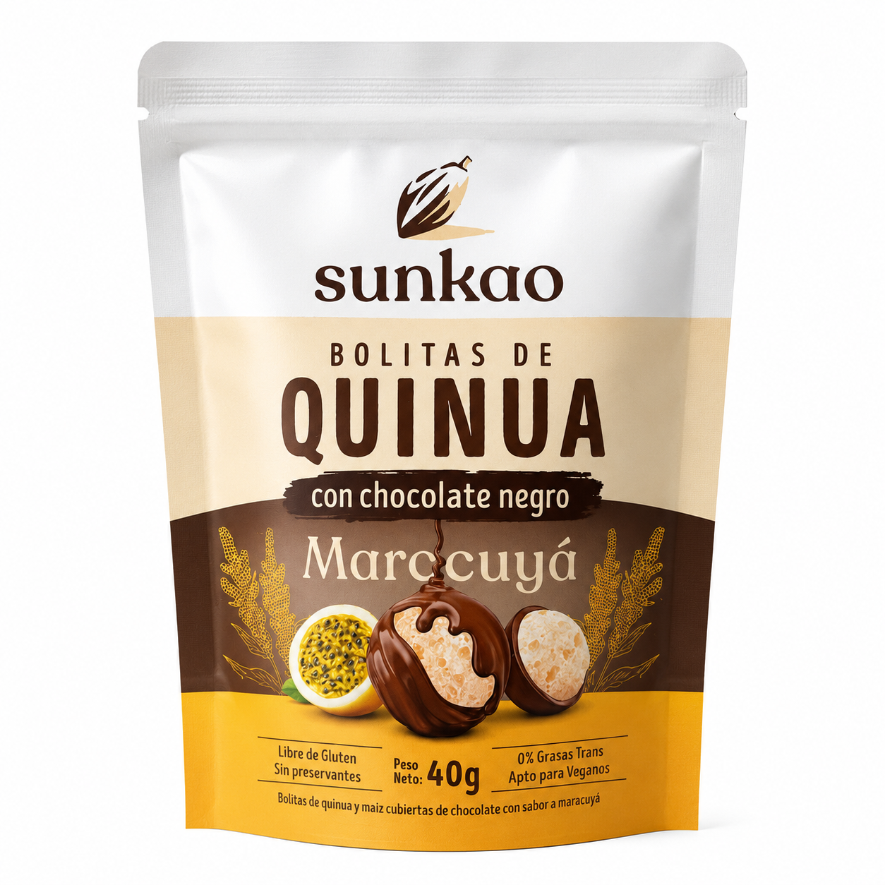 Sunkao Bolinhas Quinoa Chocolate e Maracujá Embalagem de bolitas de quinua com chocolate negro sabor maracujá