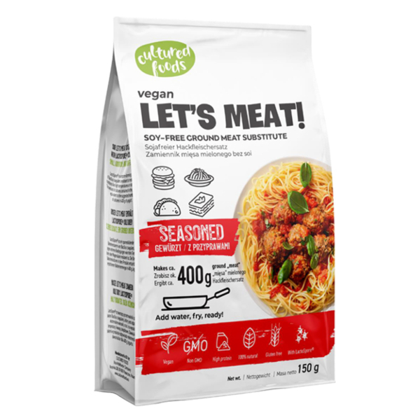 Let’s Meat com Tempero Vegan Embalagem branca de substituto de carne vegan LETS MEAT! 150g com imagem de esparguete e almôndegas