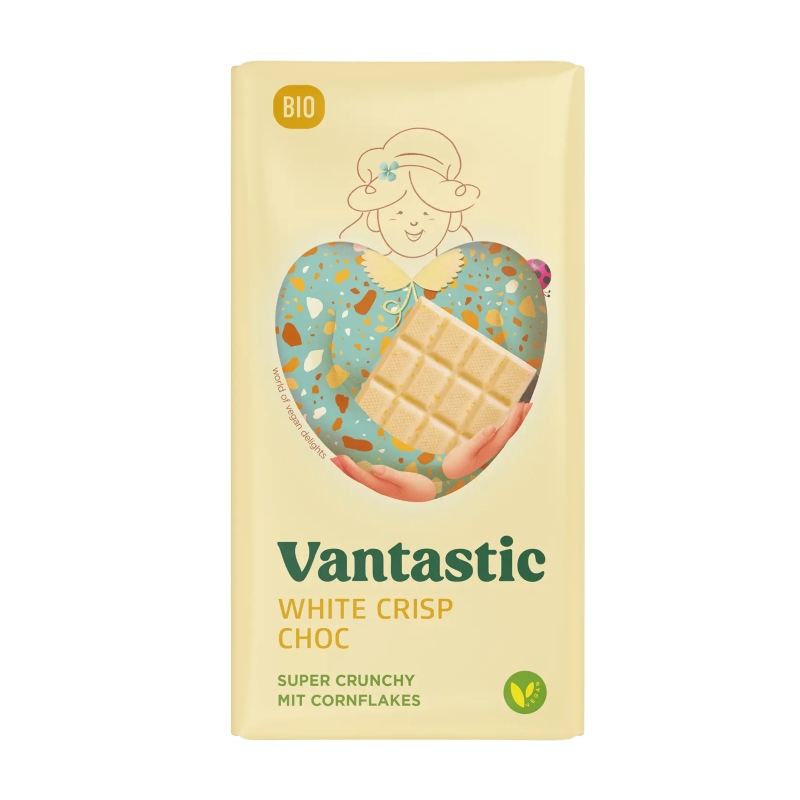 Chocolates Vantastic Foods Embalagem de chocolate branco crocante Vantastic com desenho colorido de mulher e texto em inglês e alemão