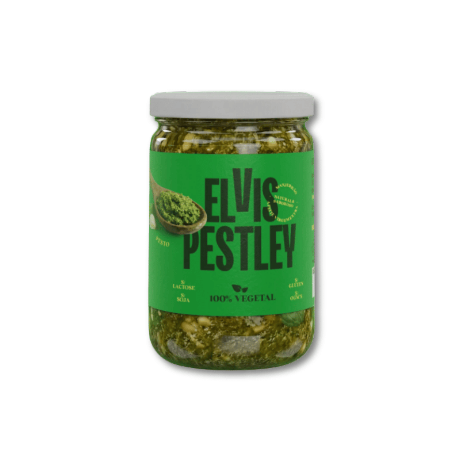 Elvis Pestley - Molho Pesto Frasco de pesto verde com etiqueta verde e tampa branca
