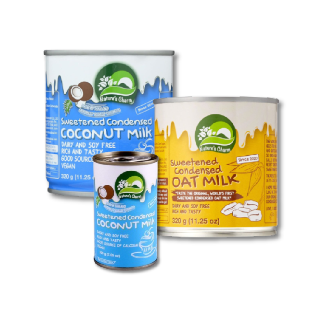 Leite Condensado Aveia ou Coco Latas com leite condensado de coco e aveia com rótulos azul e amarelo