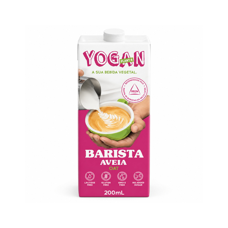 MohaM!lk Ali Aveia Barista 200ml Embalagem branca e rosa de bebida vegetal YOGAN Aveia Barista 200mL com chávena verde e espuma de leite
