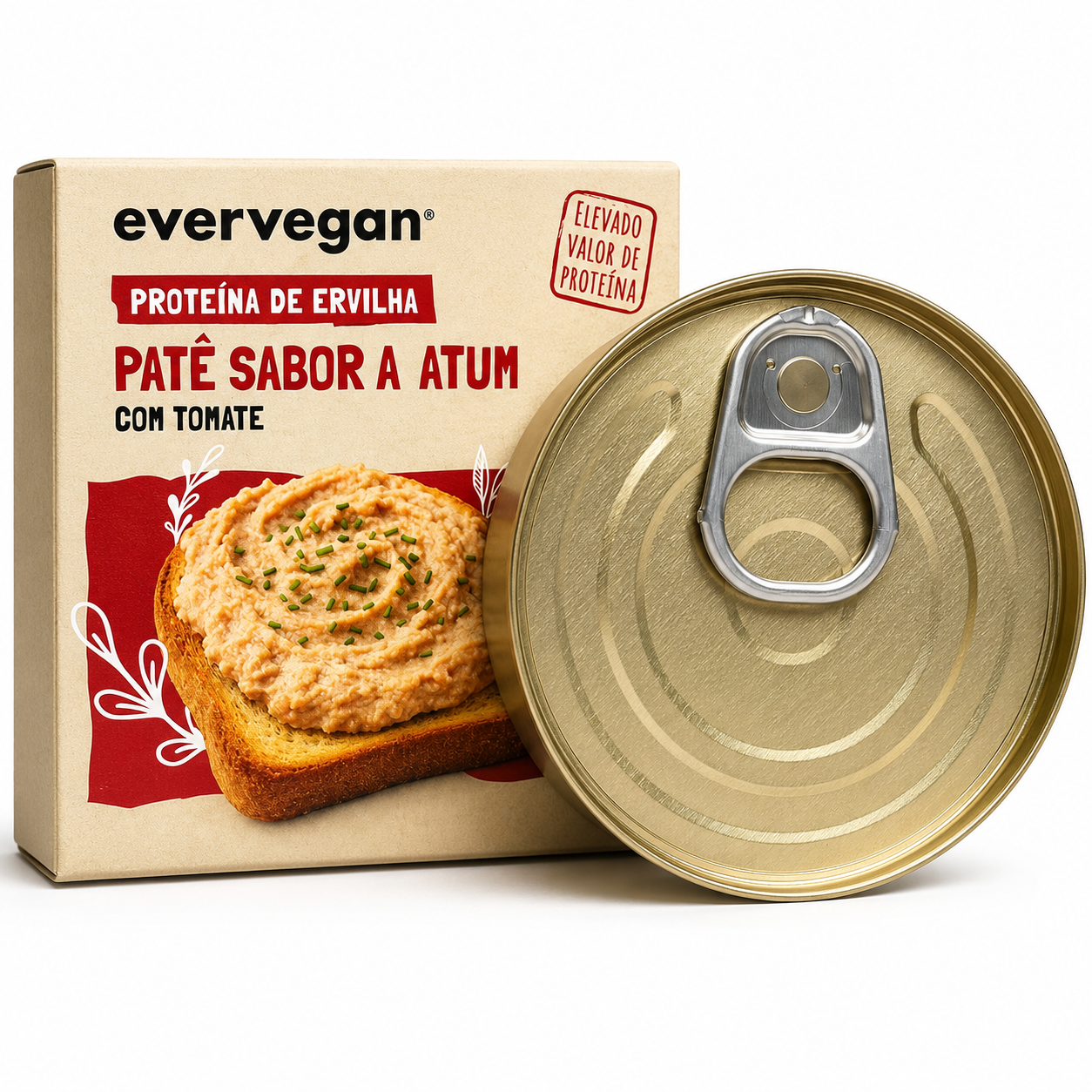Patê Tipo Atum com Tomate Embalagem de paté sabor a atum com proteína de ervilha e lata metálica