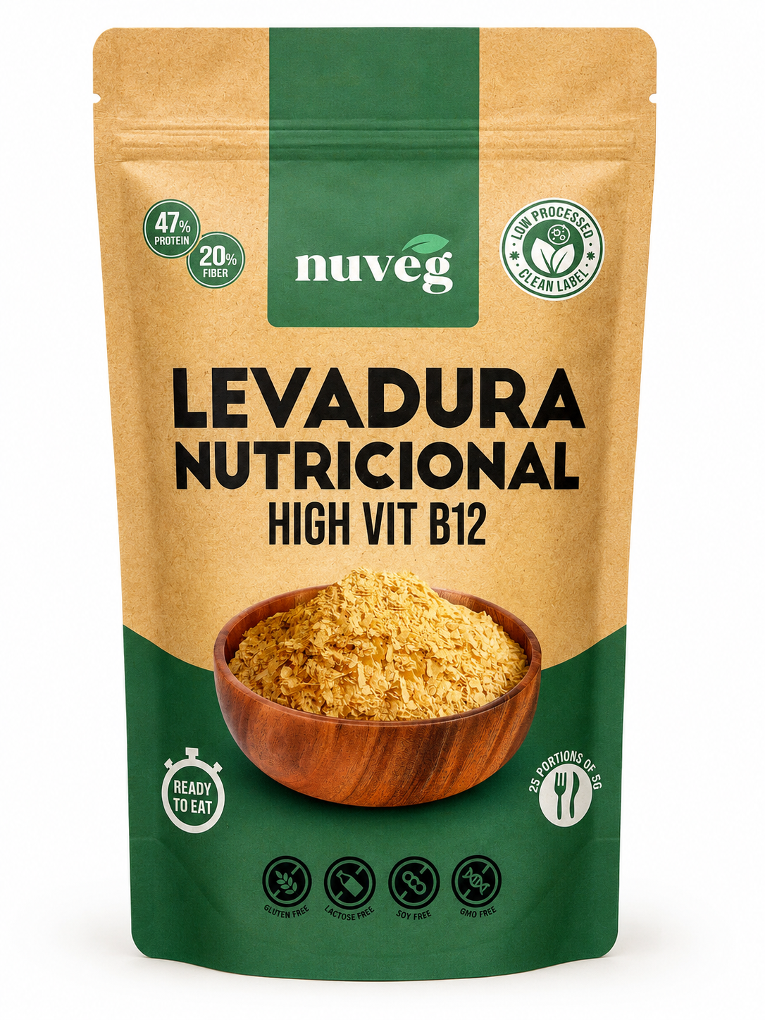 Levadura Nutricional + B12 Embalagem de levedura nutricional em tons de verde e kraft com texto e imagem de flocos amarelos em taça de madeira.
